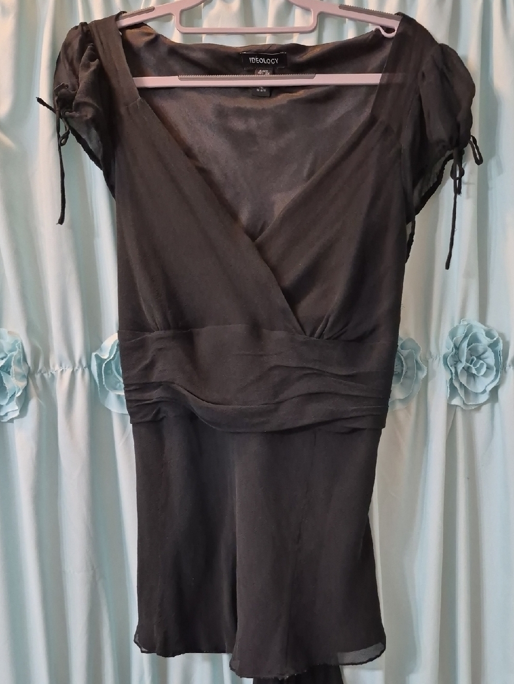 Ideology Black Silk Chiffon V neck Tie Flowy Blouse Sz XL